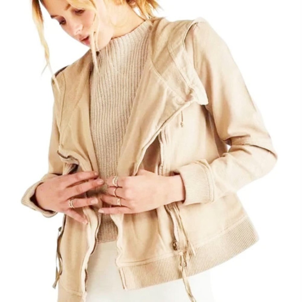 Free People We the Free Womens Carmen Moto Jacket Zip Hoody in Calm Sand S NWT - Picture 13 of 14